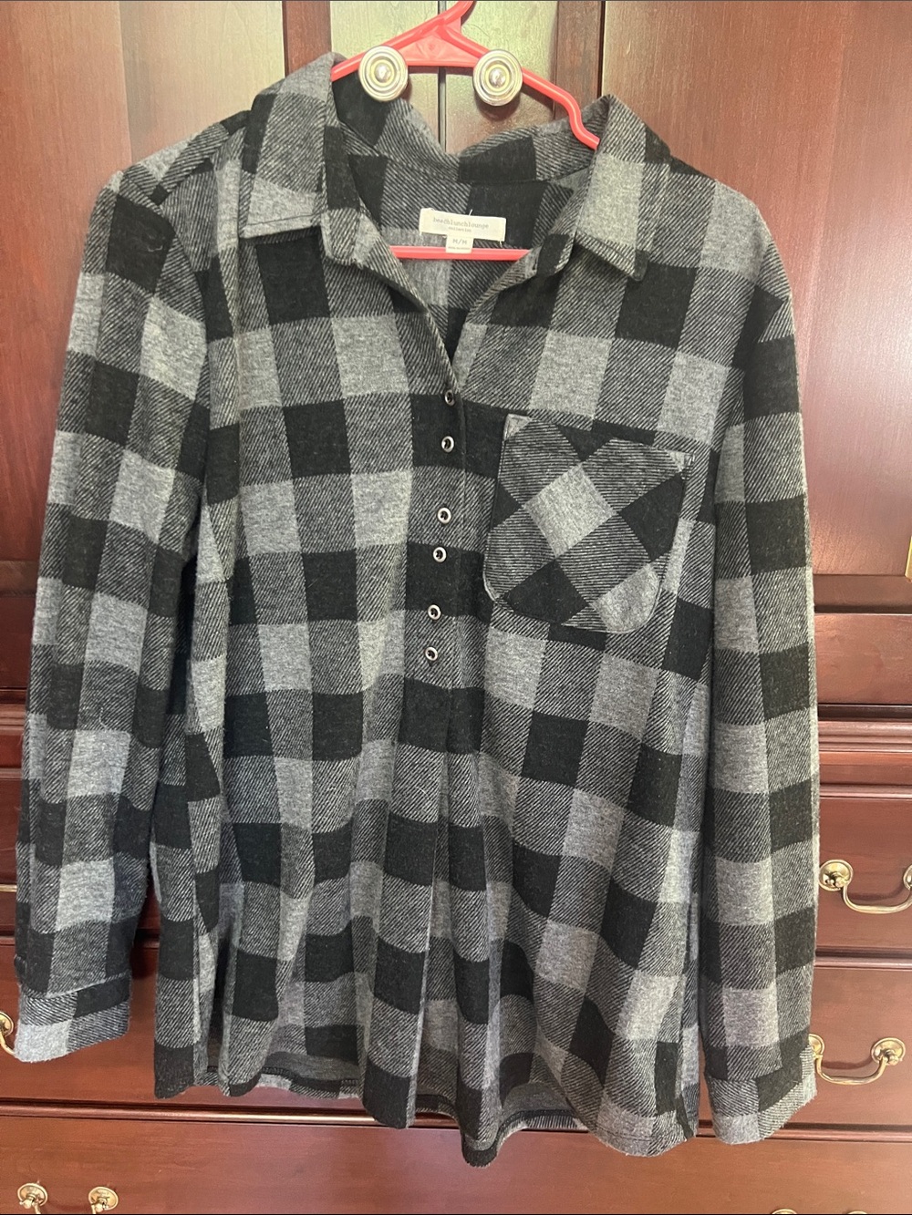 Women’s Flannel Black & Gray Plaid Button Henley Top
